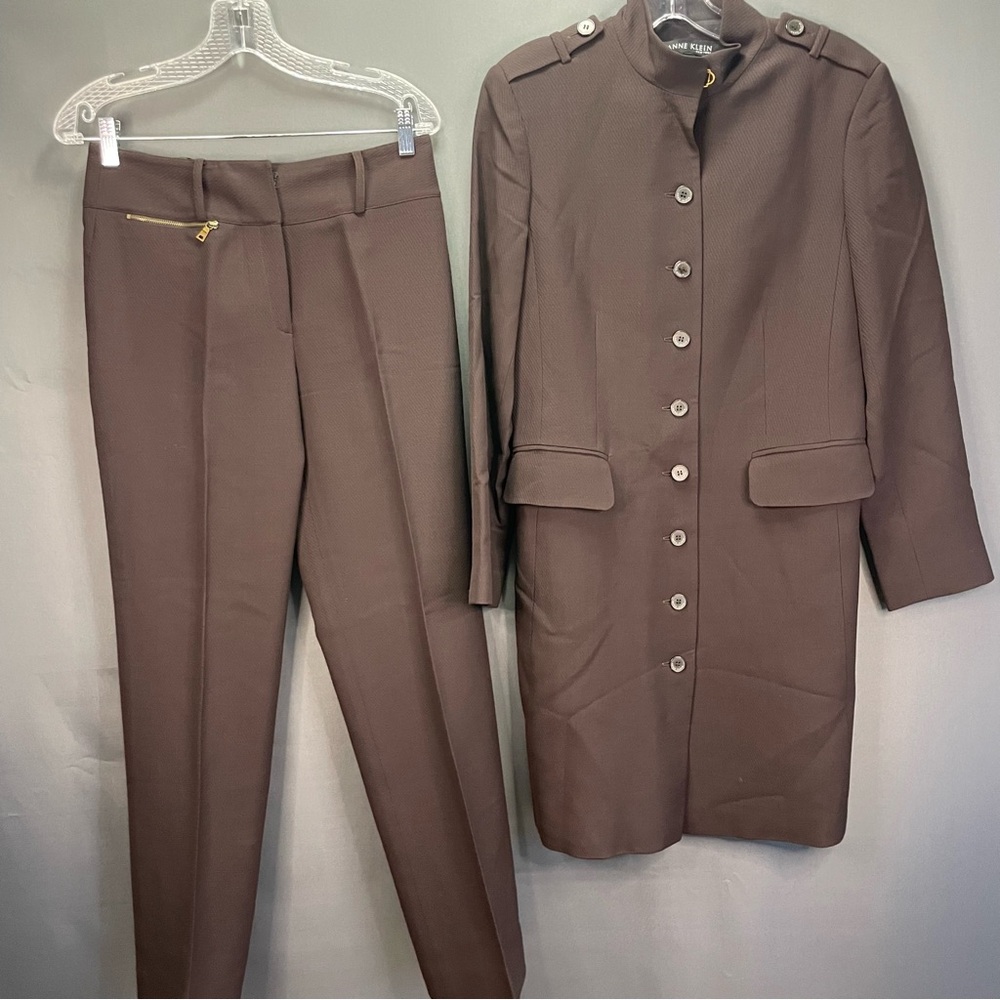 Anne Klein pantsuit brown tenchcoat button down with matching dress pants